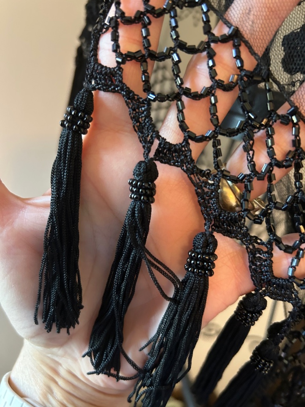 Black Lace Fringe Wrap Shawl - Elegant Evening Scarf - Picture 5 of 15